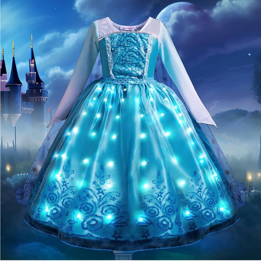 NEW! Light Up Princess Dress Birthday Party Costume Wand Crown Blue Size 8-9